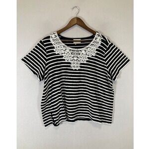 Cottagecore Alfred Dunner Woman Plus Size Black White Striped Lace Crochet Top